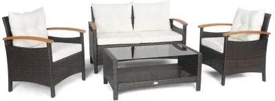 4 Pieces Patio Rattan Furniture Set with Cushioned Sofa and Storage Table