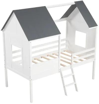 Twin Size Kids House Bed Low Loft Bed Frame with Roof-White