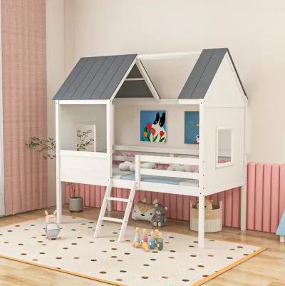 Twin Size Kids House Bed Low Loft Bed Frame with Roof-White