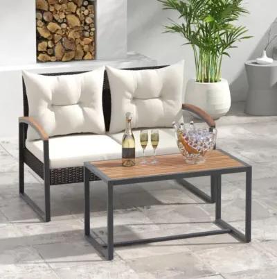 Hivvago 2 Pieces Patio PE Wicker Furniture Set with Acacia Wood Coffee Table