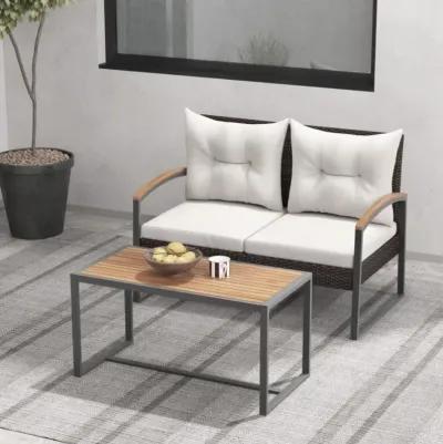 Hivvago 2 Pieces Patio PE Wicker Furniture Set with Acacia Wood Coffee Table