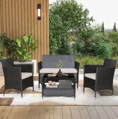 4 Pieces Patio Conversation Set with Soft Cushions and Tempered Glass Tabletop