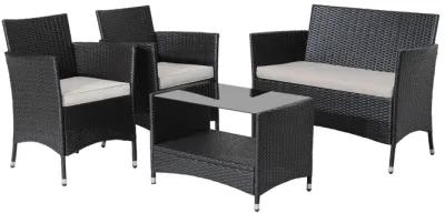 4 Pieces Patio Conversation Set with Soft Cushions and Tempered Glass Tabletop