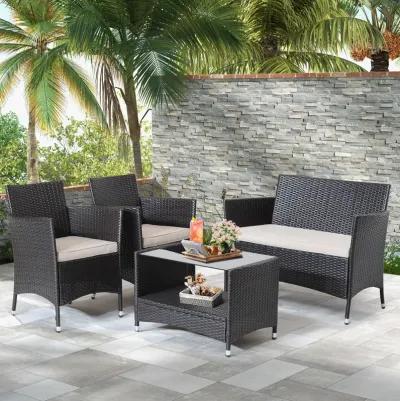 4 Pieces Patio Conversation Set with Soft Cushions and Tempered Glass Tabletop