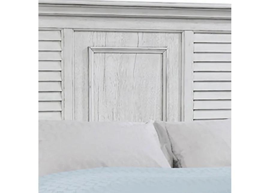 Eli Queen Panel Bed, Pine Wood Shutter Headboard, Molded Trim Antique White - Benzara