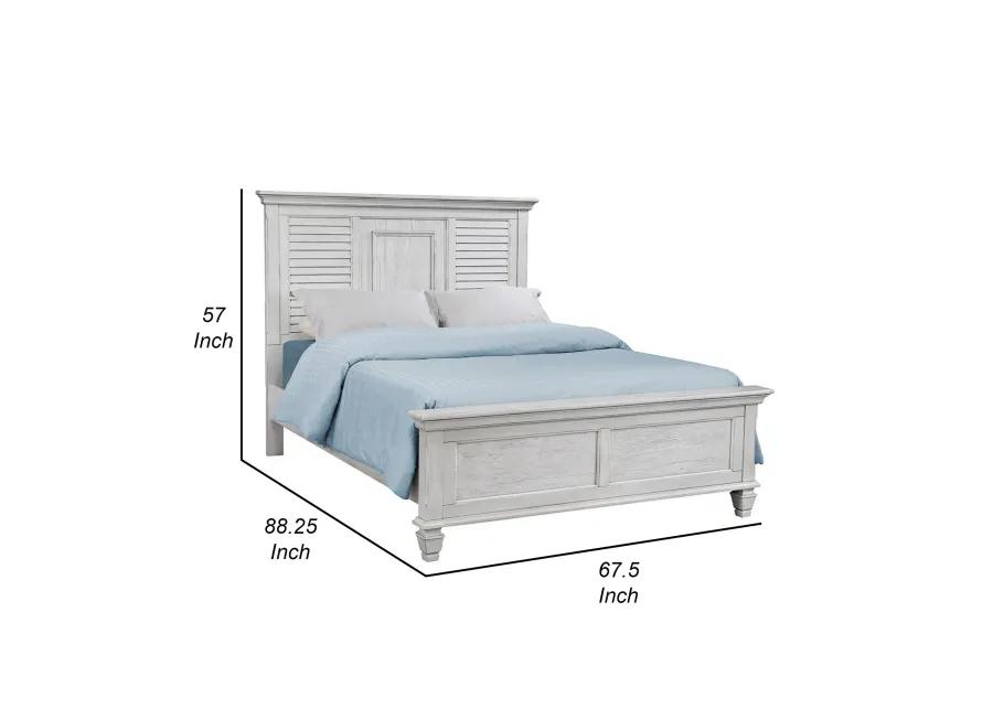 Eli Queen Panel Bed, Pine Wood Shutter Headboard, Molded Trim Antique White - Benzara