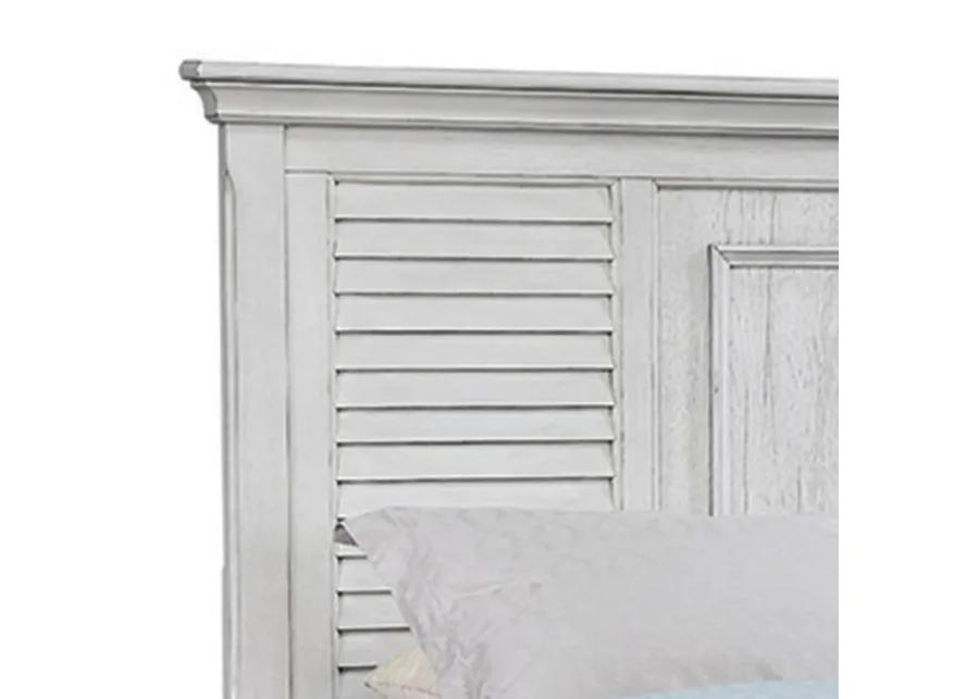 Eli Queen Panel Bed, Pine Wood Shutter Headboard, Molded Trim Antique White - Benzara