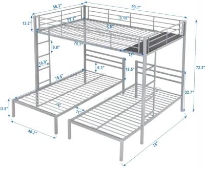 Full Over Twin&Twin Size Bunk Bed With Built-In Shelf, Silver