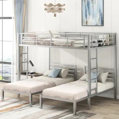 Full Over Twin&Twin Size Bunk Bed With Built-In Shelf, Silver