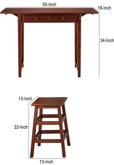 3 Piece Handcrafted Kitchen Island Breakfast Table Set, 2 Drawers, Rubberwood, Stools, Walnut Brown-Benzara