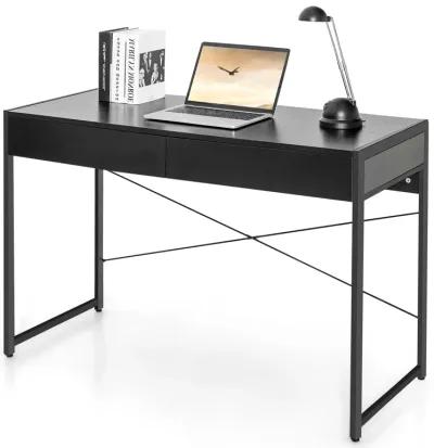 Costway Computer Desk Metal Frame Study Table Home Office Workstation w/2 Drawers Black