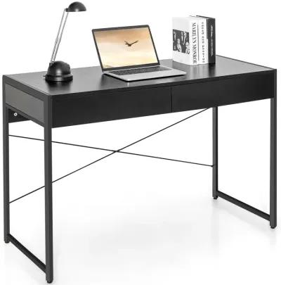 Costway Computer Desk Metal Frame Study Table Home Office Workstation w/2 Drawers Black