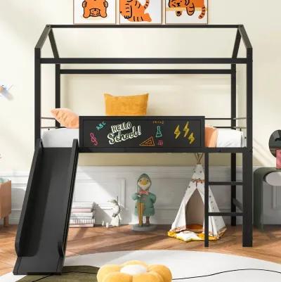 Merax Metal House Bed Loft Bed with Slide