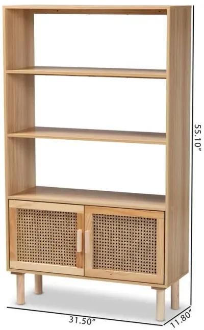 Natural Brown Finished Wood and Rattan 2-Door Bookcase