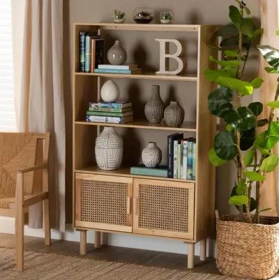 Natural Brown Finished Wood and Rattan 2-Door Bookcase