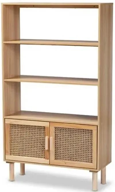 Natural Brown Finished Wood and Rattan 2-Door Bookcase