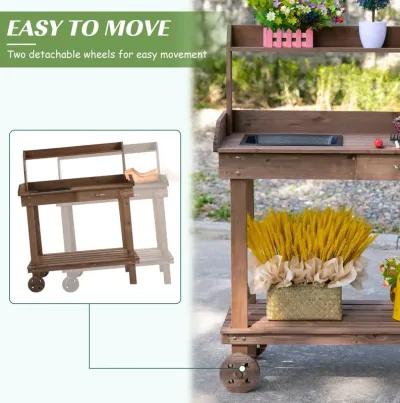 Brown Garden Helper: Wheeled Potting Bench with Sink and Drawer