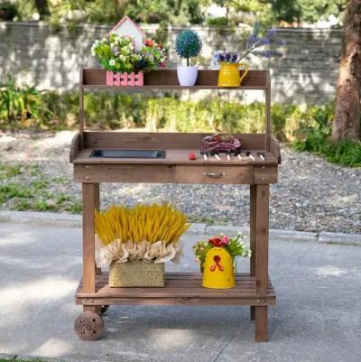 Brown Garden Helper: Wheeled Potting Bench with Sink and Drawer