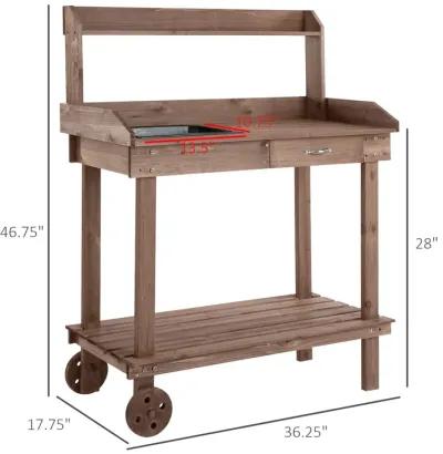 Brown Garden Helper: Wheeled Potting Bench with Sink and Drawer