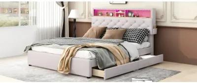 Queen Size Upholstered Platform Bed With Storage Headboard, Led, USB Charging And 2 Drawers