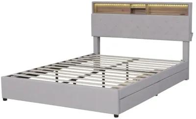 Queen Size Upholstered Platform Bed With Storage Headboard, Led, USB Charging And 2 Drawers