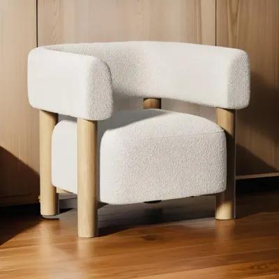 31 Inch Accent Chair, Modern Brown Wood Frame, White Fabric Upholstery - Benzara