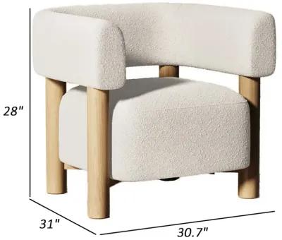 31 Inch Accent Chair, Modern Brown Wood Frame, White Fabric Upholstery - Benzara