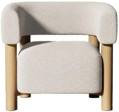 31 Inch Accent Chair, Modern Brown Wood Frame, White Fabric Upholstery - Benzara