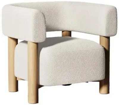 31 Inch Accent Chair, Modern Brown Wood Frame, White Fabric Upholstery - Benzara