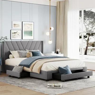 Merax Linen Upholstered Platform Bed with 3 Drawers