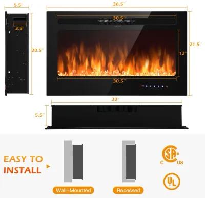 36 Inch Electric Fireplace Insert Wall Mounted with Timer