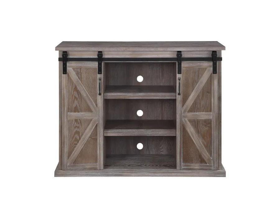 TV Stand with 2 Barn Sliding Doors and Farmhouse Style, Rustic Brown-Benzara