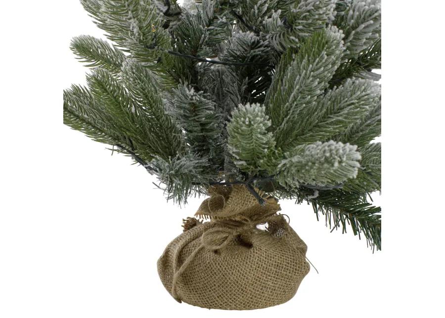 2' B/O Potted Frosted Pine Medium Artificial Christmas Tree in a Burlap Pot- Warm White Lights