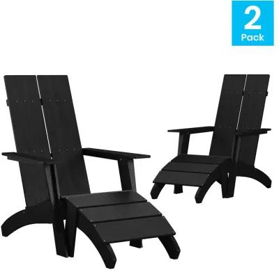 Flash Furniture Set of 2 Sawyer Adirondack Style Chairs with Footrests - Black Poly Resin - Weather Resistant