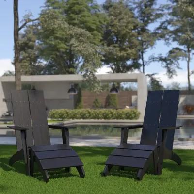 Flash Furniture Set of 2 Sawyer Adirondack Style Chairs with Footrests - Black Poly Resin - Weather Resistant