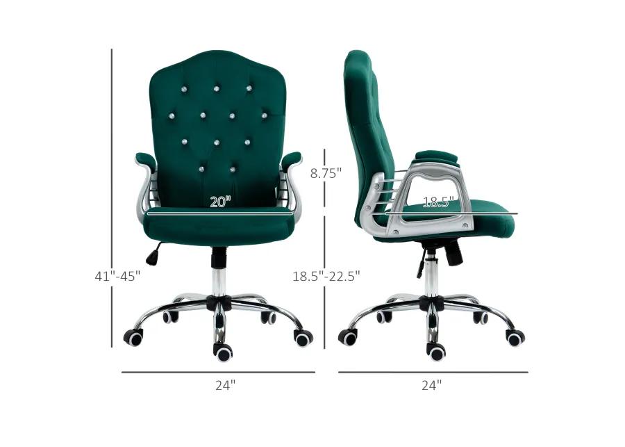 Vinsetto Home Office Chair, Velvet Computer Chair, Button Tufted Desk Chair with Swivel Wheels, Adjustable Height, and Tilt Function, Dark Green