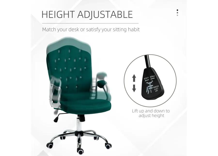 Vinsetto Home Office Chair, Velvet Computer Chair, Button Tufted Desk Chair with Swivel Wheels, Adjustable Height, and Tilt Function, Dark Green