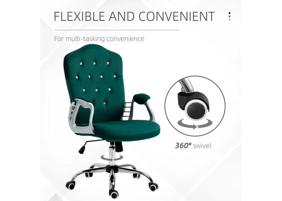 Vinsetto Home Office Chair, Velvet Computer Chair, Button Tufted Desk Chair with Swivel Wheels, Adjustable Height, and Tilt Function, Dark Green