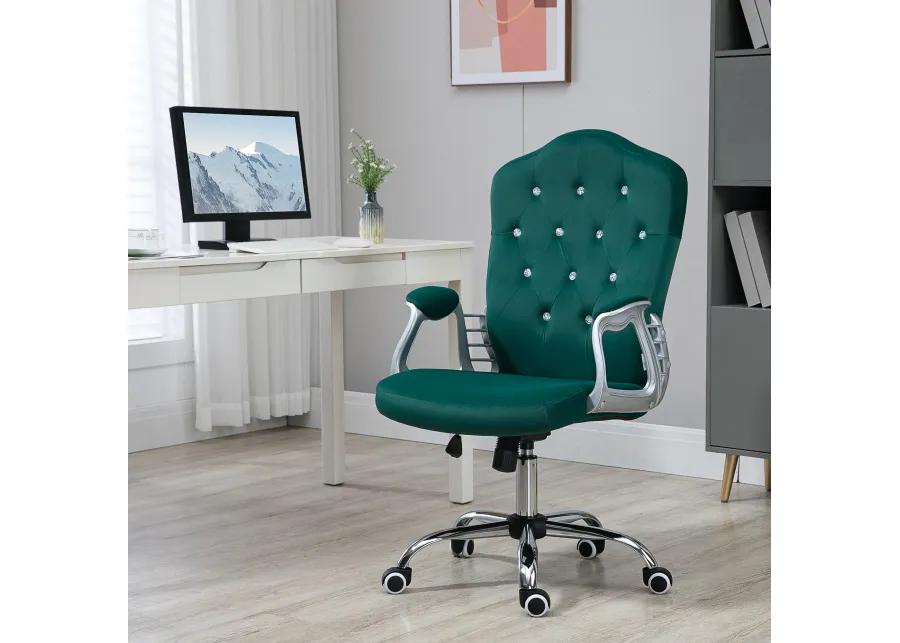 Vinsetto Home Office Chair, Velvet Computer Chair, Button Tufted Desk Chair with Swivel Wheels, Adjustable Height, and Tilt Function, Dark Green