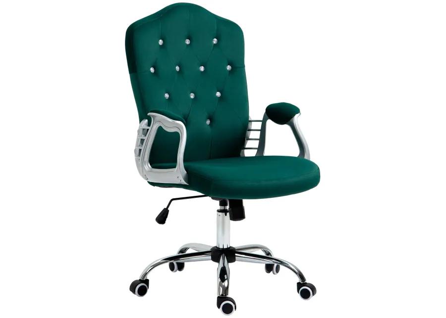 Vinsetto Home Office Chair, Velvet Computer Chair, Button Tufted Desk Chair with Swivel Wheels, Adjustable Height, and Tilt Function, Dark Green