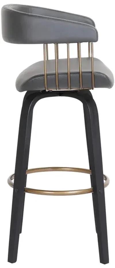 Maya 26 Inch Swivel Counter Chair, Gray Faux Leather, Bronze, Black Wood - Benzara