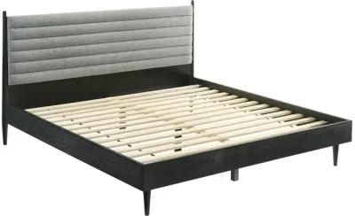 Benjara Mian King Platform Bed Frame, Channel Tufted, Black, Gray Upholstery