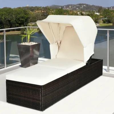 Chaise Cushioned Top Canopy Patio Rattan Lounge Chair with Tea Table