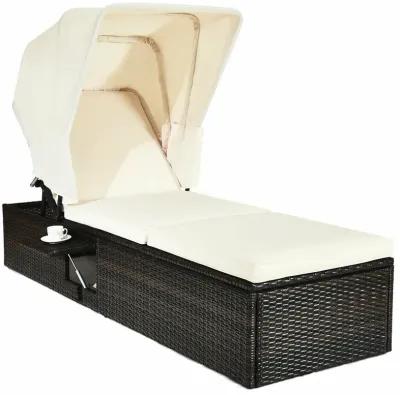 Chaise Cushioned Top Canopy Patio Rattan Lounge Chair with Tea Table