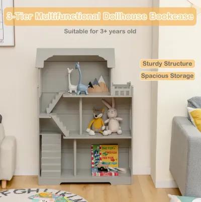 Kids Wooden Dollhouse Bookshelf with Anti-Tip Design and Storage Space