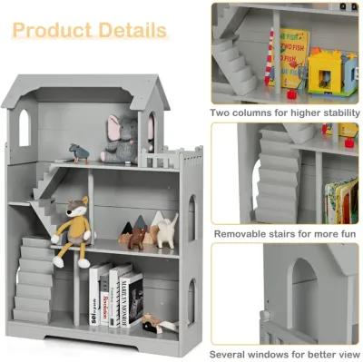 Kids Wooden Dollhouse Bookshelf with Anti-Tip Design and Storage Space