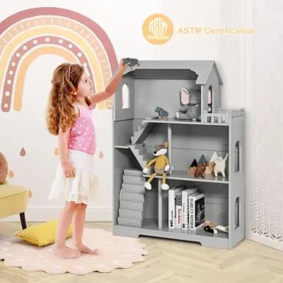 Kids Wooden Dollhouse Bookshelf with Anti-Tip Design and Storage Space