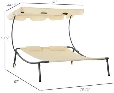 Beige Garden Lounger: Double Chaise with Adjustable Canopy