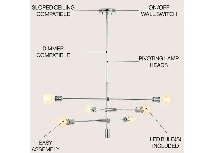 Atlas 36" 6-Light Modern Vintage Iron Arm-Adjustable LED Chandelier, Chrome