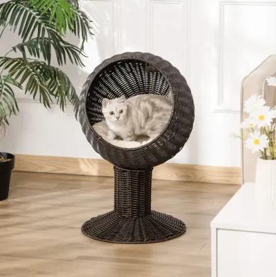 Rotatable Cat Retreat: 27" Coffee-Colored Woven Grass Egg Chair Pod